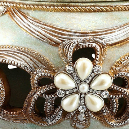 9" Bronze Gold And Light Green Resin Floral Scroll Jewelry Box With Gemstones and Crystals HomeRoots