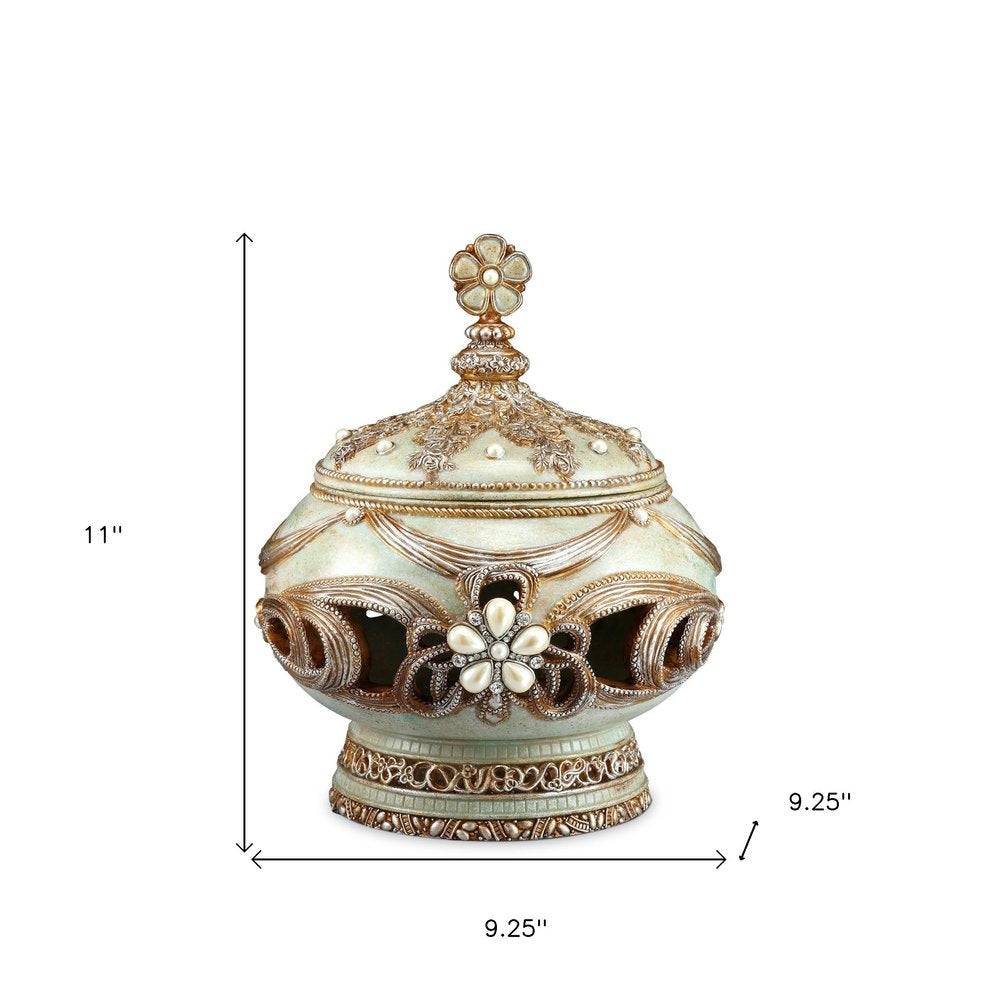 9" Bronze Gold And Light Green Resin Floral Scroll Jewelry Box With Gemstones and Crystals HomeRoots
