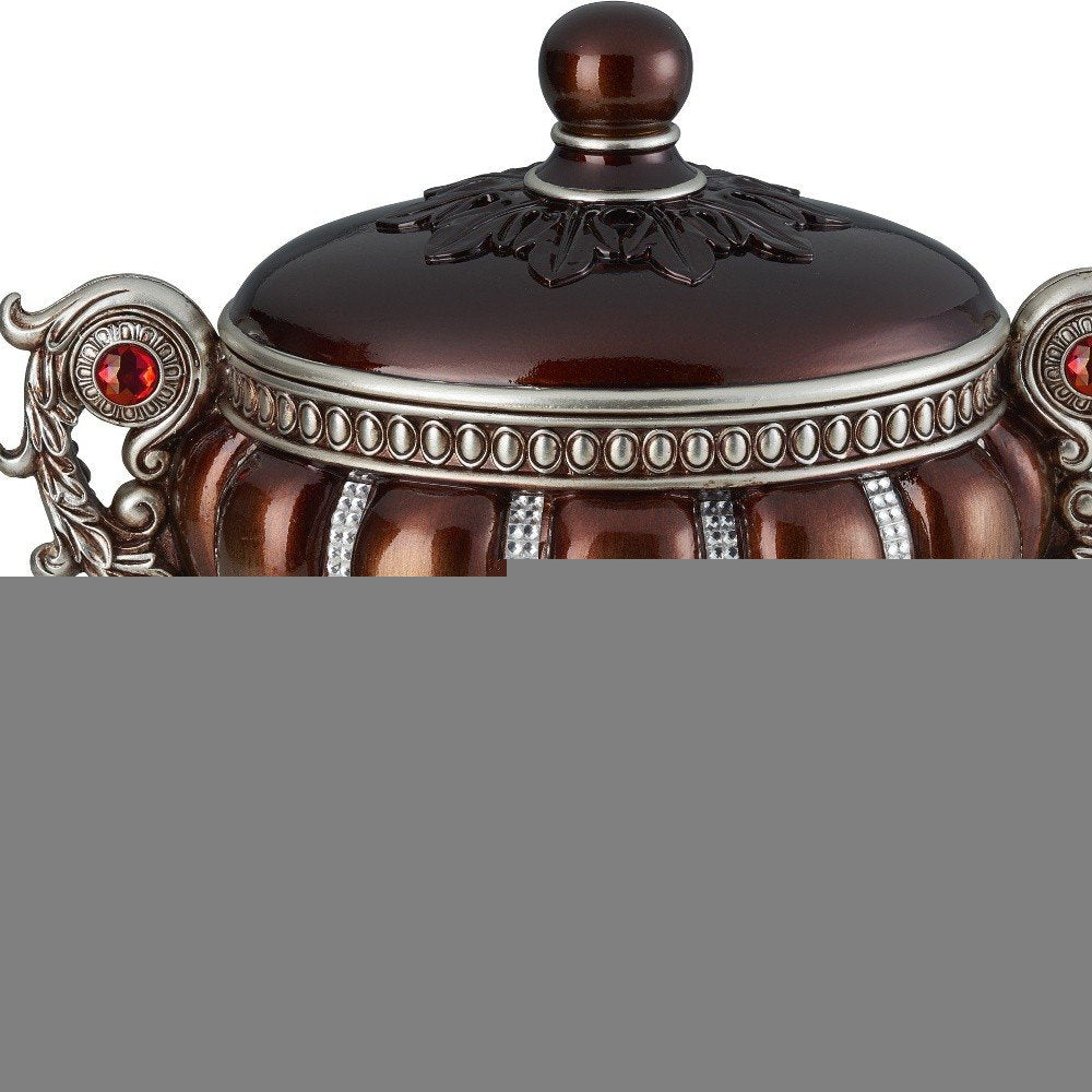 13" Bronze Red And Silver Resin Floral Scroll Jewelry Box With Metal Accents HomeRoots