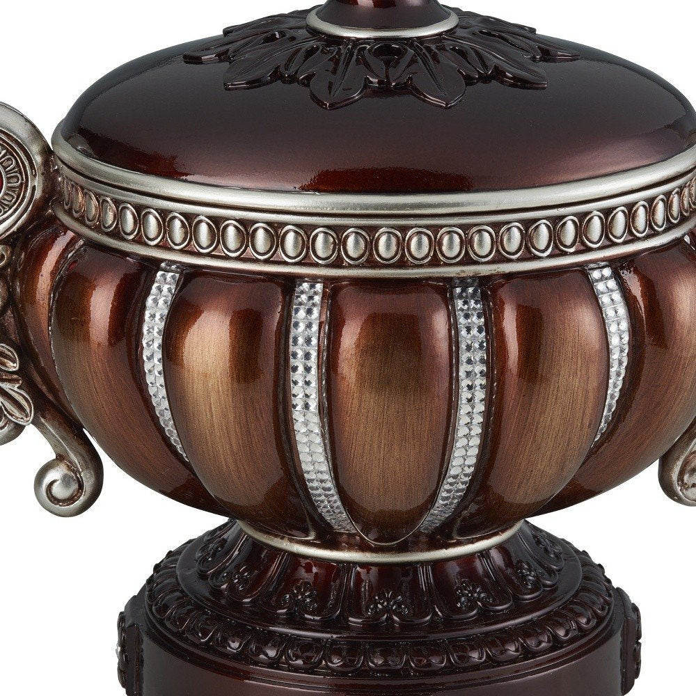 13" Bronze Red And Silver Resin Floral Scroll Jewelry Box With Metal Accents HomeRoots