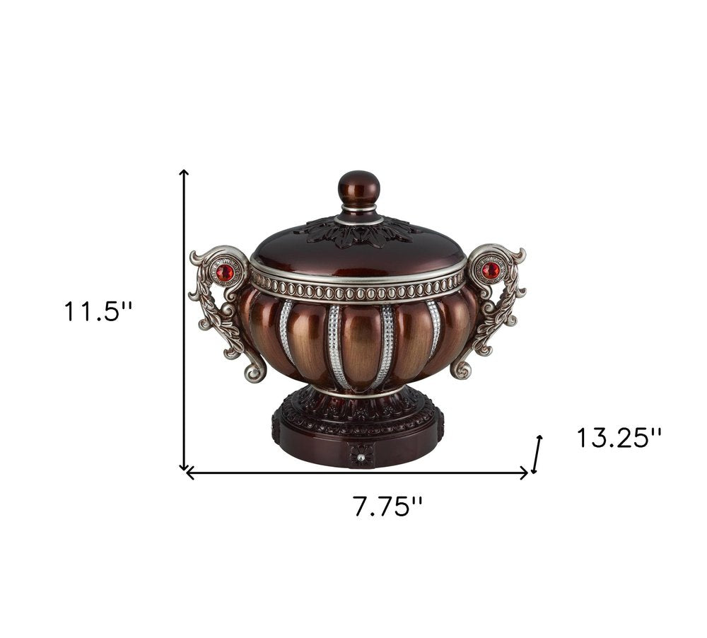 13" Bronze Red And Silver Resin Floral Scroll Jewelry Box With Metal Accents HomeRoots