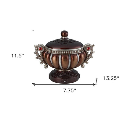 13" Bronze Red And Silver Resin Floral Scroll Jewelry Box With Metal Accents HomeRoots