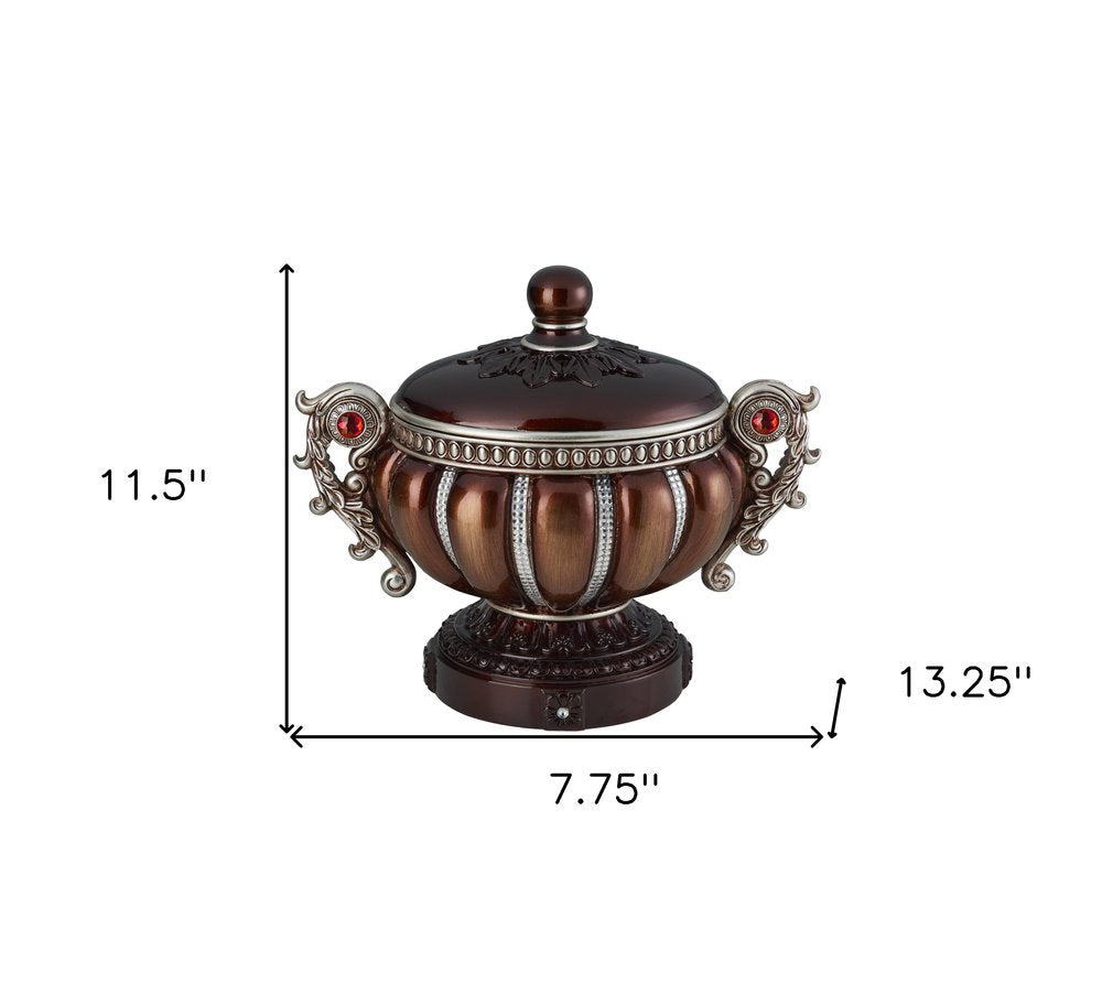 13" Bronze Red And Silver Resin Floral Scroll Jewelry Box With Metal Accents HomeRoots