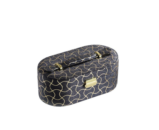 10" Black And Gold Faux Leather Abstract Scroll Jewelry Box Travel Case With Mirror HomeRoots