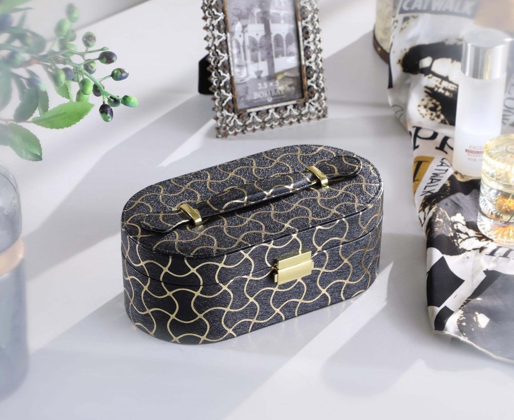10" Black And Gold Faux Leather Abstract Scroll Jewelry Box Travel Case With Mirror HomeRoots