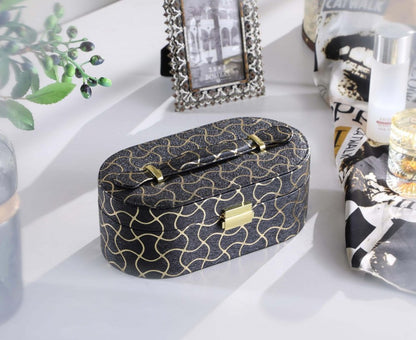 10" Black And Gold Faux Leather Abstract Scroll Jewelry Box Travel Case With Mirror HomeRoots