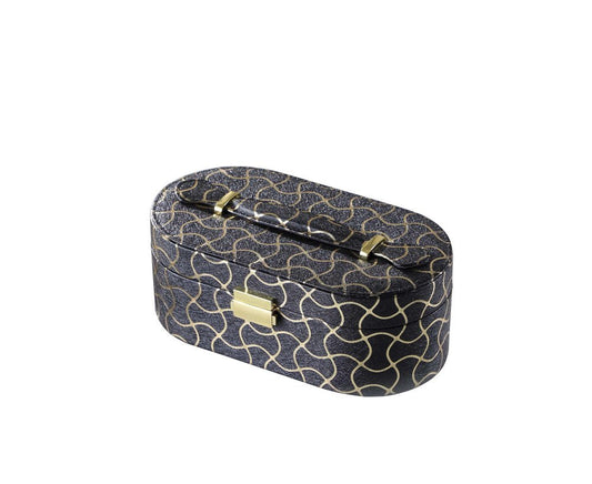 10" Black And Gold Faux Leather Abstract Scroll Jewelry Box Travel Case With Mirror HomeRoots