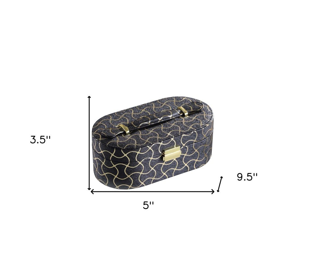 10" Black And Gold Faux Leather Abstract Scroll Jewelry Box Travel Case With Mirror HomeRoots
