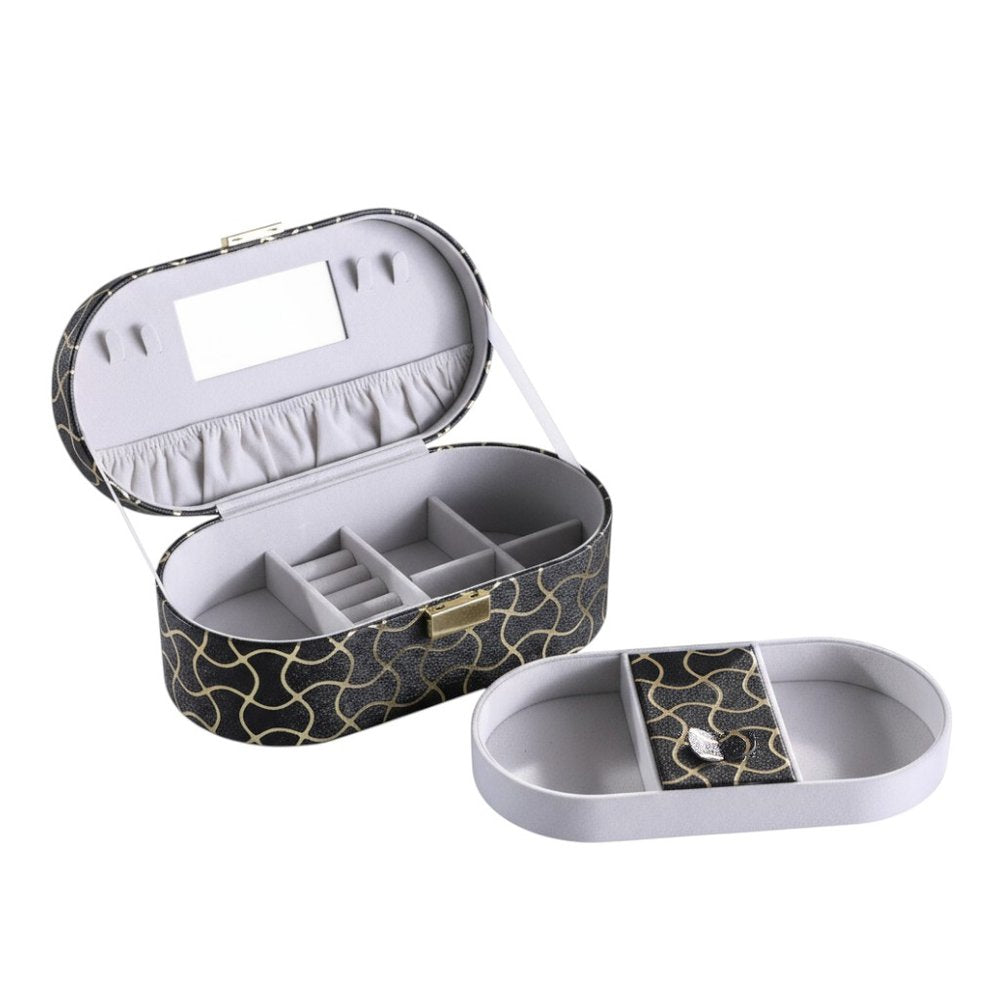 10" Black And Gold Faux Leather Abstract Scroll Jewelry Box Travel Case With Mirror HomeRoots