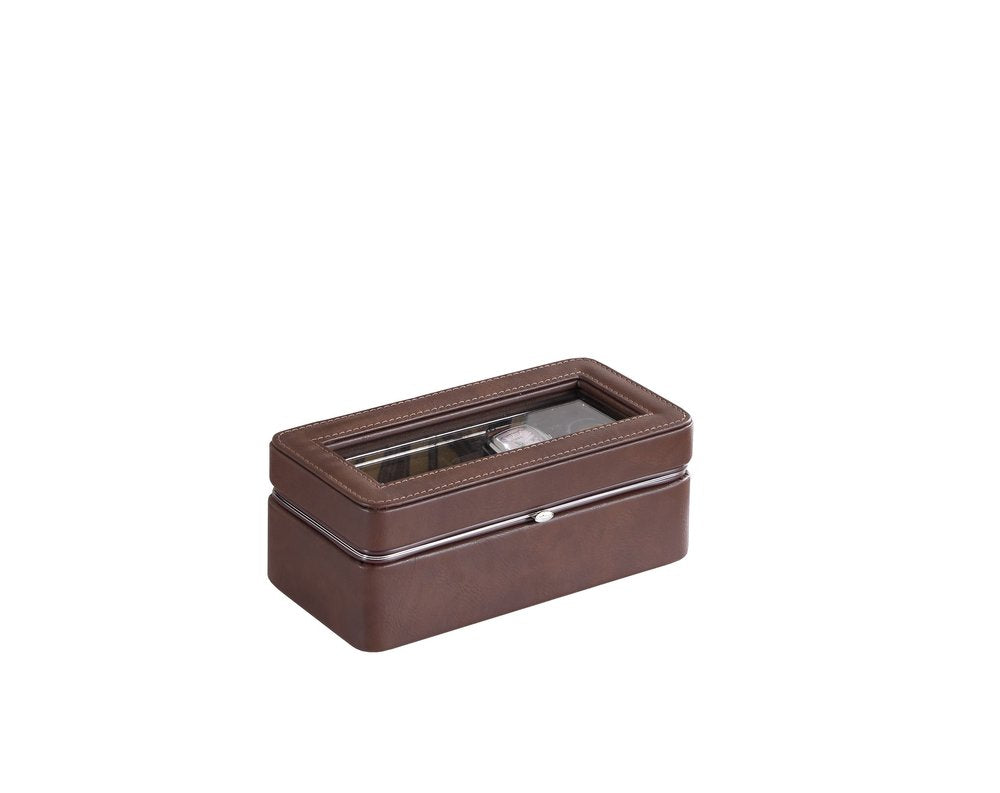8" Brown Clear And Silver Faux Leather And Glass Six Section Watch Box With Metal Accents HomeRoots