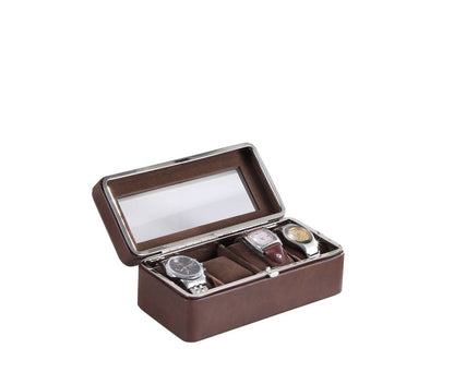8" Brown Clear And Silver Faux Leather And Glass Six Section Watch Box With Metal Accents HomeRoots