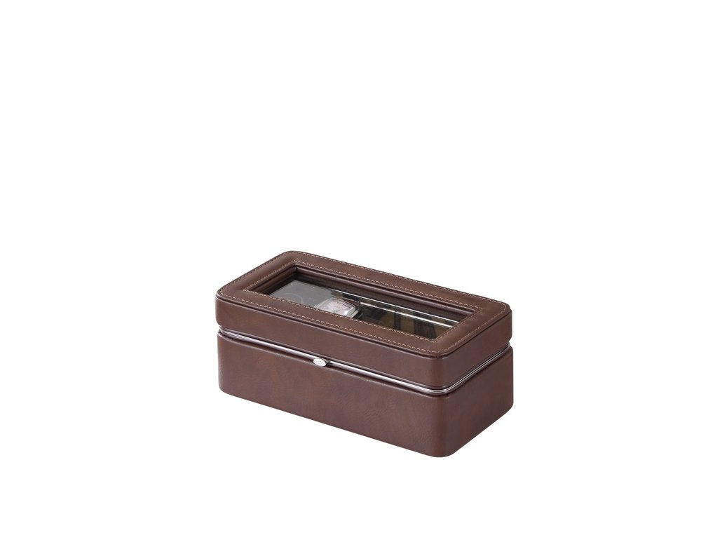 8" Brown Clear And Silver Faux Leather And Glass Six Section Watch Box With Metal Accents HomeRoots