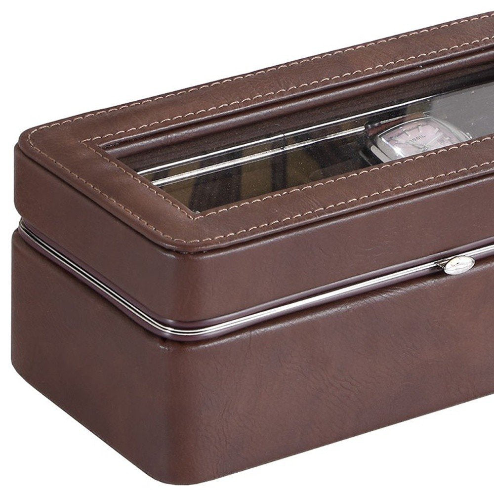 8" Brown Clear And Silver Faux Leather And Glass Six Section Watch Box With Metal Accents HomeRoots
