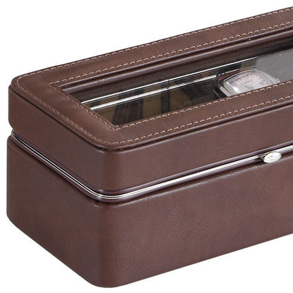 8" Brown Clear And Silver Faux Leather And Glass Six Section Watch Box With Metal Accents HomeRoots