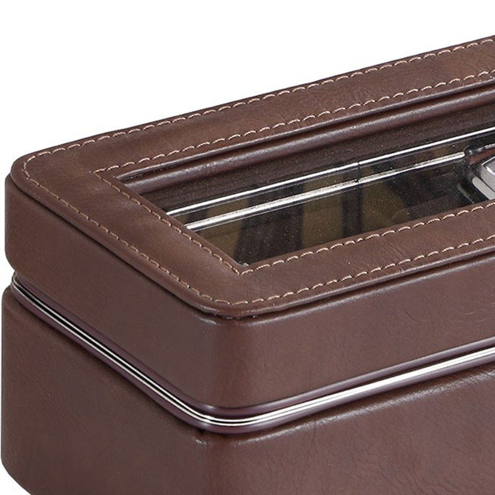 8" Brown Clear And Silver Faux Leather And Glass Six Section Watch Box With Metal Accents HomeRoots