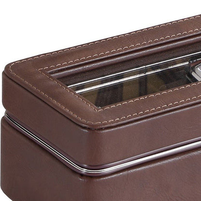 8" Brown Clear And Silver Faux Leather And Glass Six Section Watch Box With Metal Accents HomeRoots