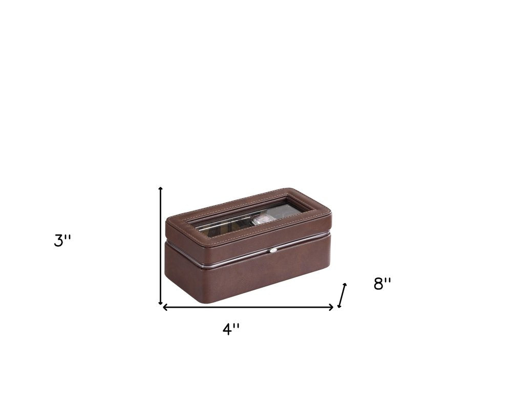 8" Brown Clear And Silver Faux Leather And Glass Six Section Watch Box With Metal Accents HomeRoots
