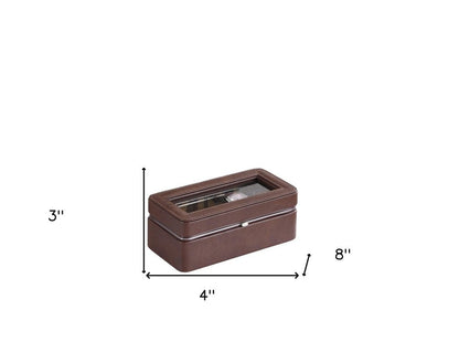 8" Brown Clear And Silver Faux Leather And Glass Six Section Watch Box With Metal Accents HomeRoots