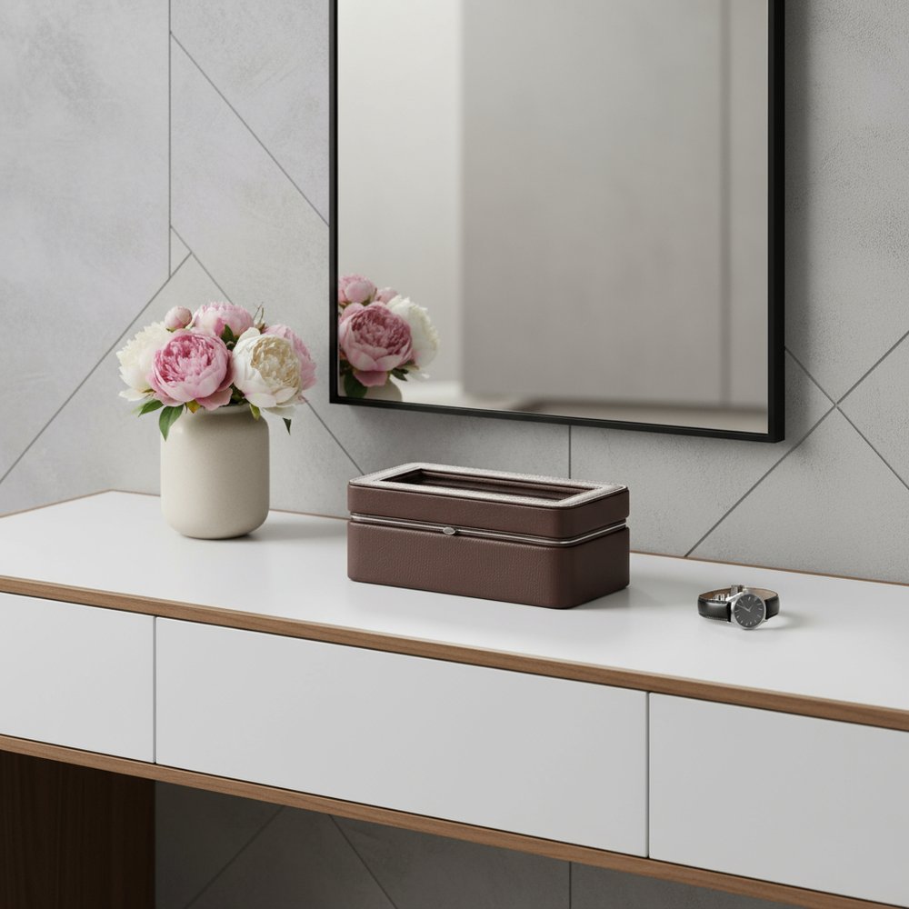 8" Brown Clear And Silver Faux Leather And Glass Six Section Watch Box With Metal Accents HomeRoots