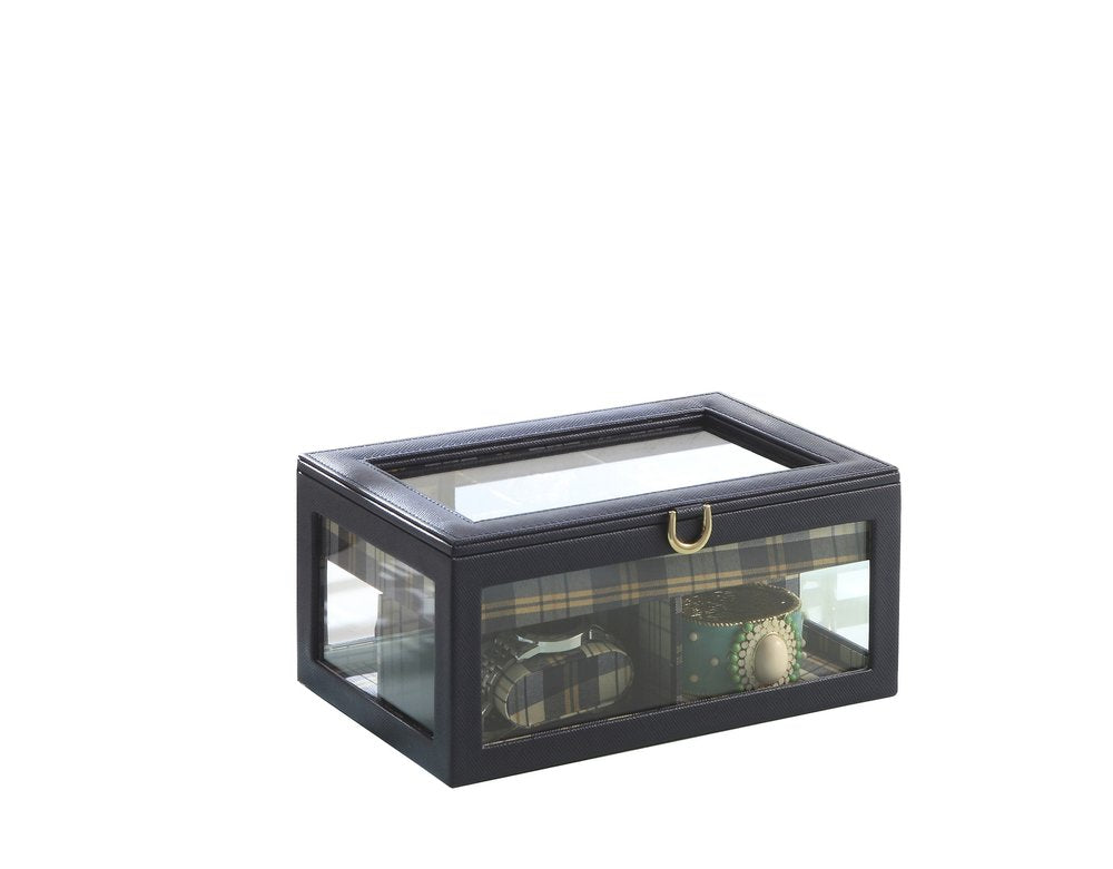 10" Blue And Clear Faux Leather And Glass Nine Section Checkered Watch Box With Metal Accents HomeRoots