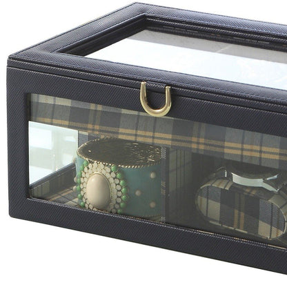 10" Blue And Clear Faux Leather And Glass Nine Section Checkered Watch Box With Metal Accents HomeRoots