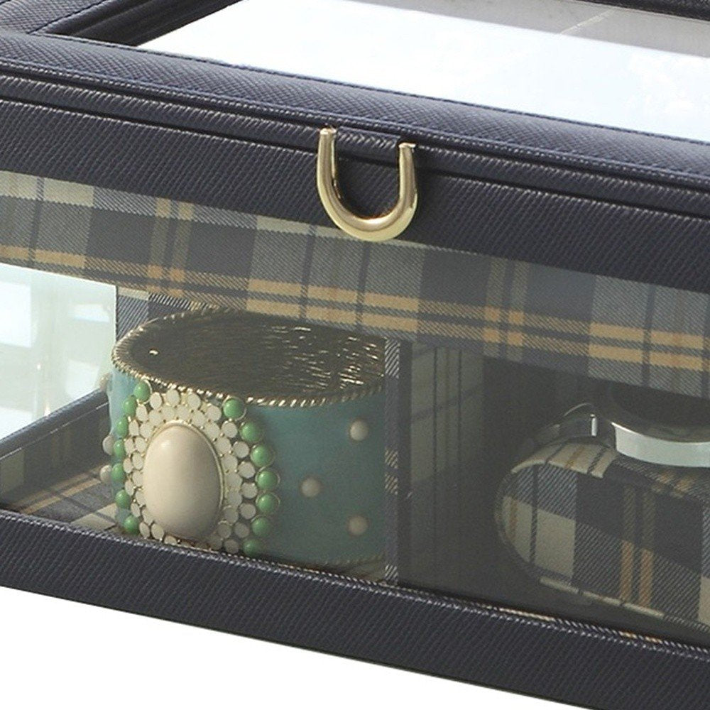 10" Blue And Clear Faux Leather And Glass Nine Section Checkered Watch Box With Metal Accents HomeRoots