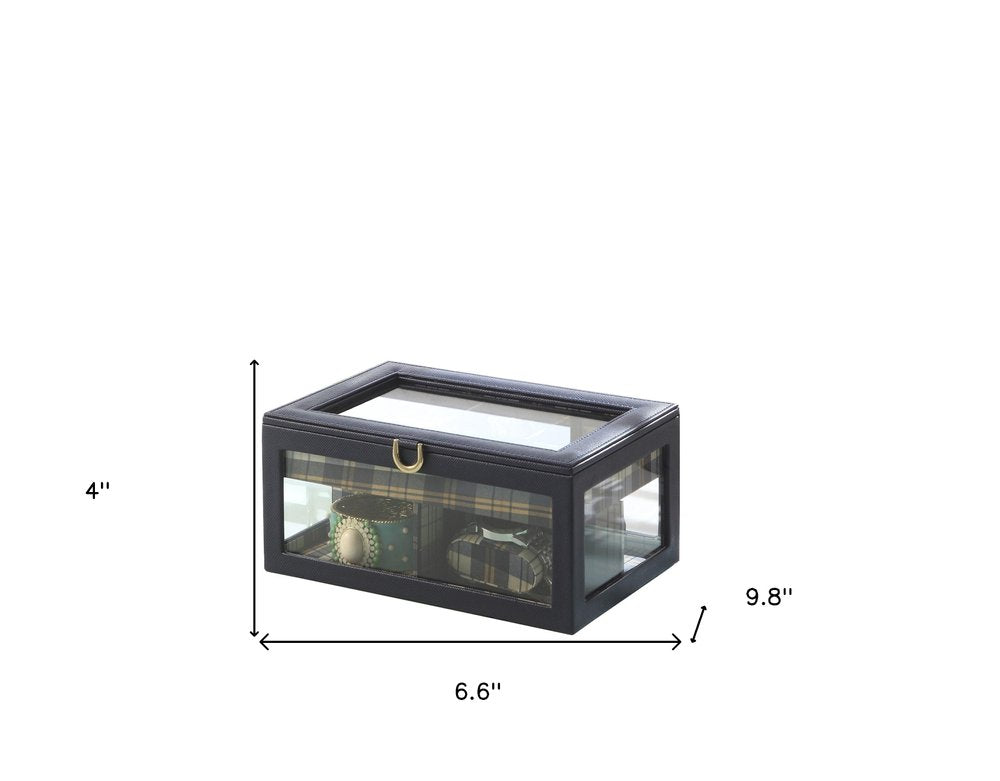 10" Blue And Clear Faux Leather And Glass Nine Section Checkered Watch Box With Metal Accents HomeRoots