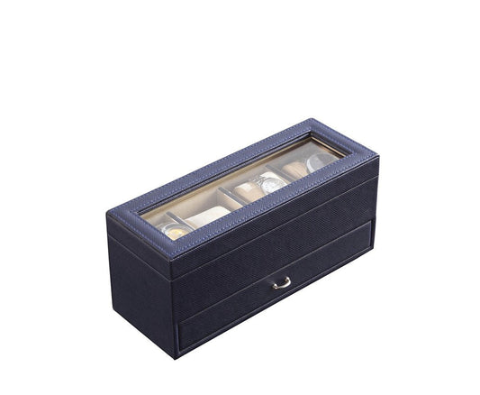 9" Blue And Clear Faux Leather And Glass Four Section Watch Box With Metal Accents HomeRoots