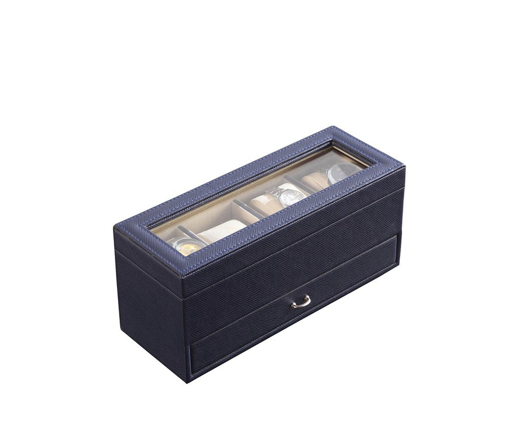 9" Blue And Clear Faux Leather And Glass Four Section Watch Box With Metal Accents — view 1