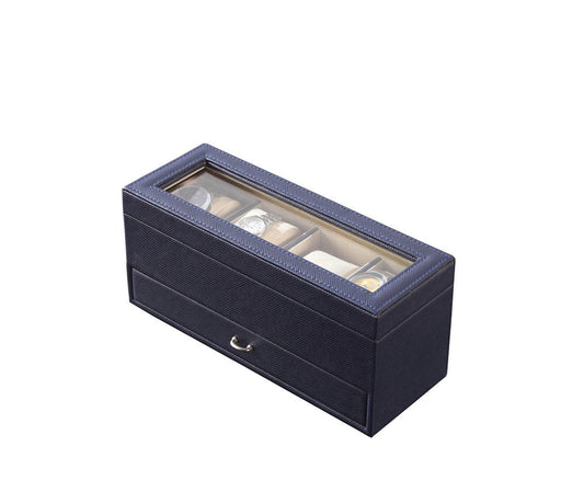 9" Blue And Clear Faux Leather And Glass Four Section Watch Box With Metal Accents HomeRoots