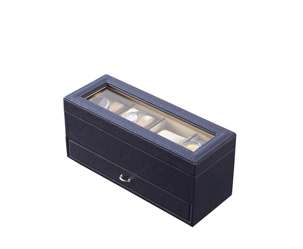 9" Blue And Clear Faux Leather And Glass Four Section Watch Box With Metal Accents HomeRoots