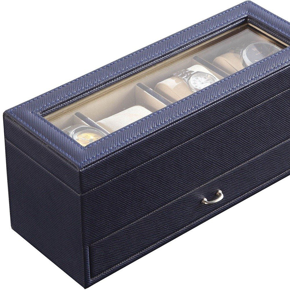 9" Blue And Clear Faux Leather And Glass Four Section Watch Box With Metal Accents HomeRoots