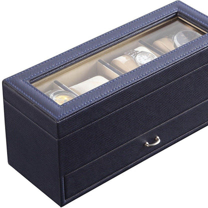 9" Blue And Clear Faux Leather And Glass Four Section Watch Box With Metal Accents HomeRoots
