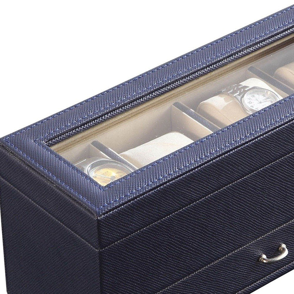 9" Blue And Clear Faux Leather And Glass Four Section Watch Box With Metal Accents HomeRoots