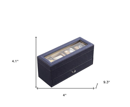 9" Blue And Clear Faux Leather And Glass Four Section Watch Box With Metal Accents HomeRoots