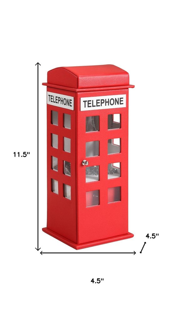 12" Red And White Faux Leather Telephone Booth Jewelry Box HomeRoots