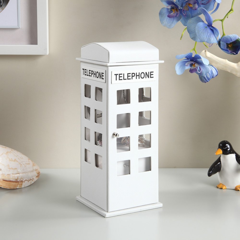 12" White Faux Leather Telephone Booth Jewelry Box HomeRoots