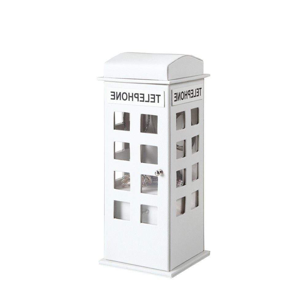 12" White Faux Leather Telephone Booth Jewelry Box HomeRoots