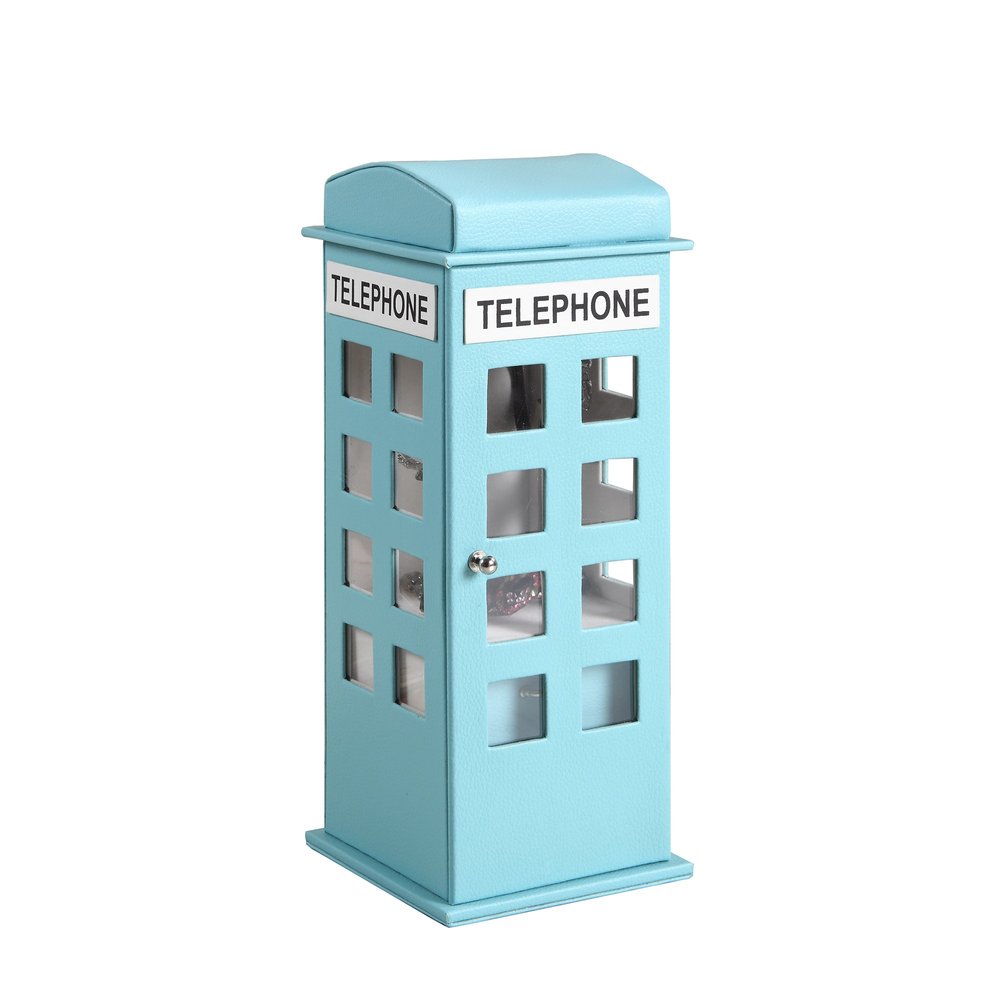 12" Aqua And White Faux Leather Telephone Booth Jewelry Box HomeRoots