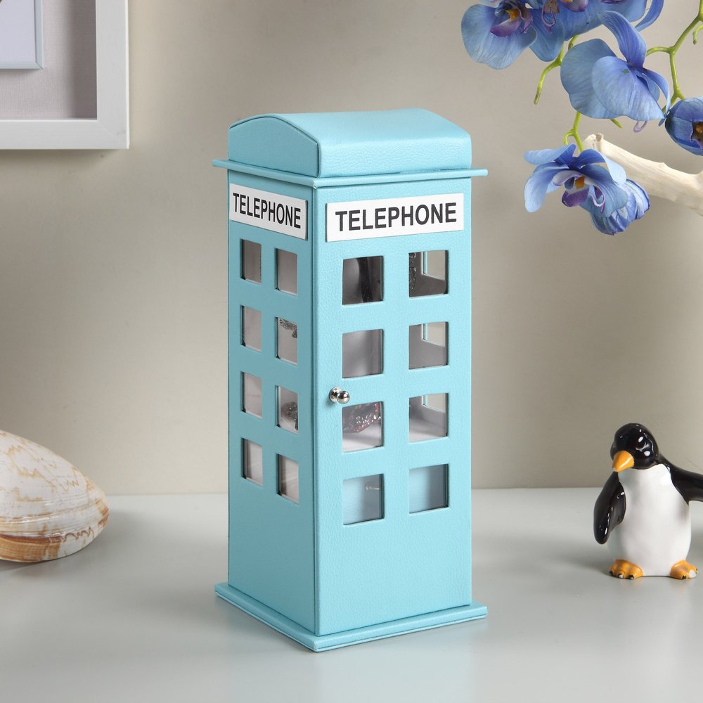 12" Aqua And White Faux Leather Telephone Booth Jewelry Box HomeRoots
