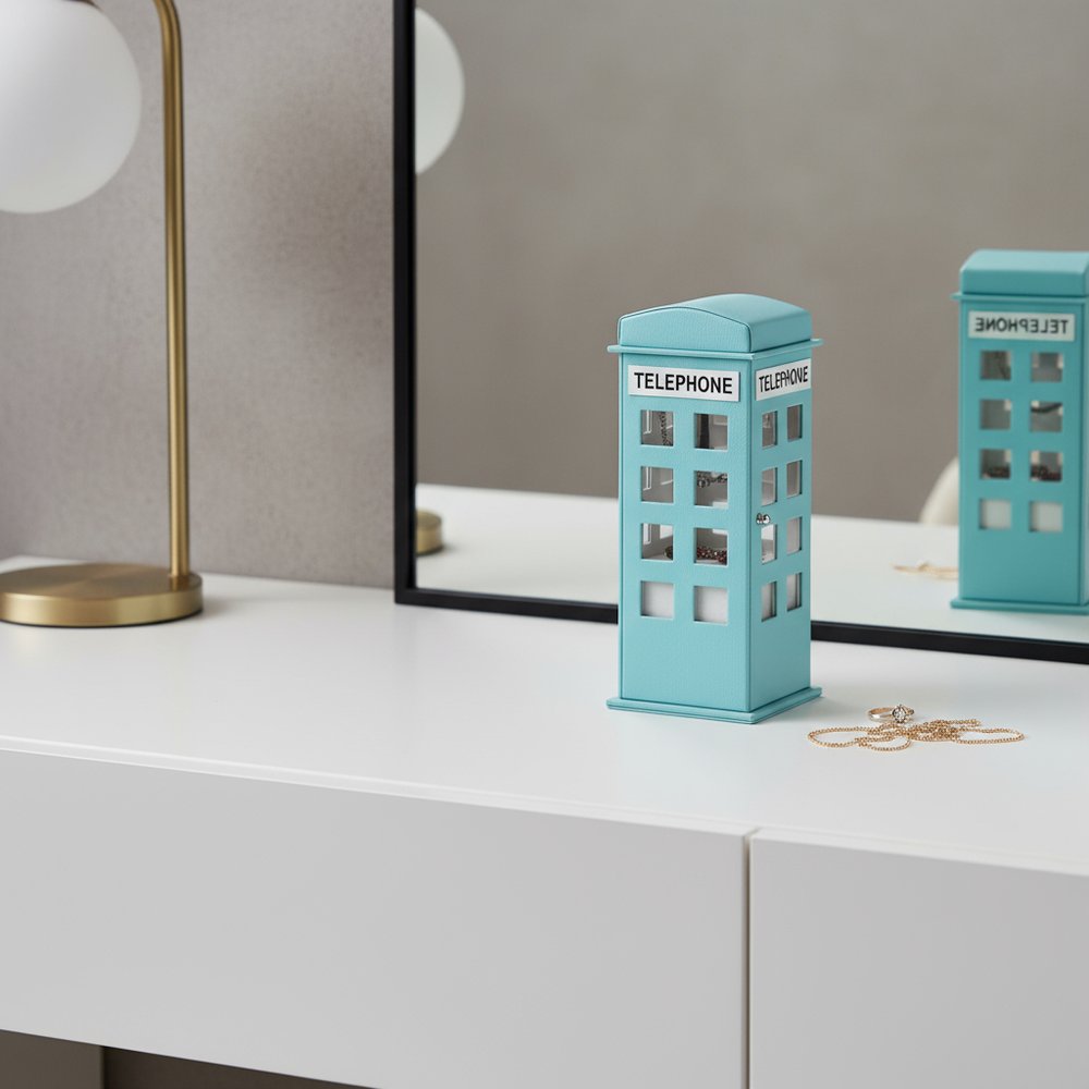 12" Aqua And White Faux Leather Telephone Booth Jewelry Box HomeRoots