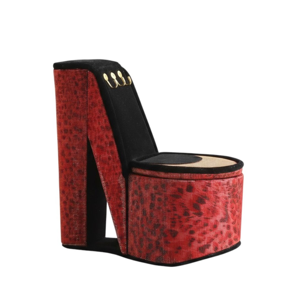 9" Red Black And Gold Leopard Print Velvet High Heel Jewelry Box HomeRoots