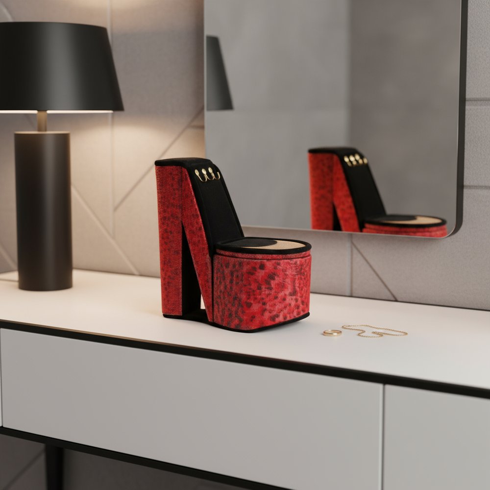 9" Red Black And Gold Leopard Print Velvet High Heel Jewelry Box HomeRoots