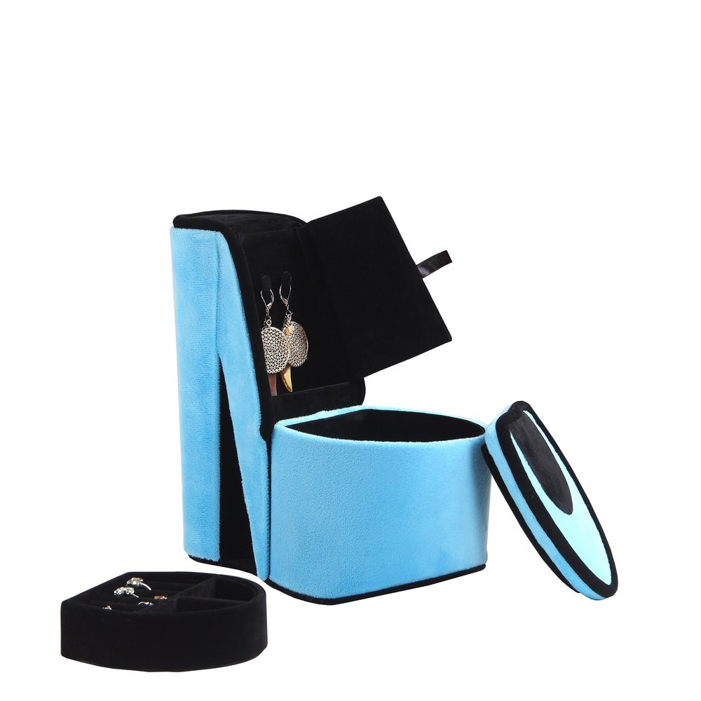 9" Turquoise And Black Velvet High Heel Jewelry Box HomeRoots