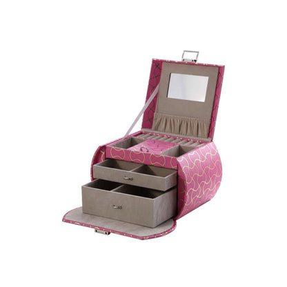 9" Hot Pink And Gold Faux Leather Abstract Scroll Jewelry Box Travel Case With Mirror HomeRoots