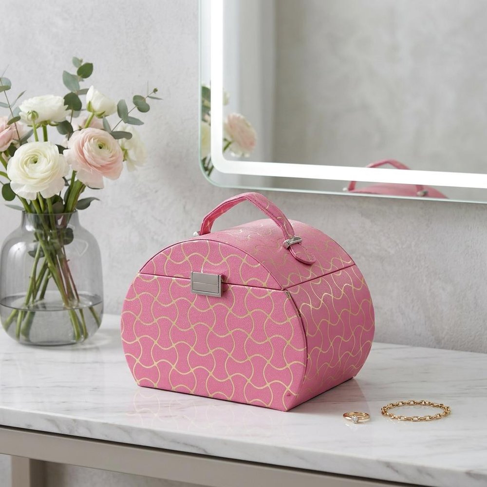 9" Hot Pink And Gold Faux Leather Abstract Scroll Jewelry Box Travel Case With Mirror HomeRoots
