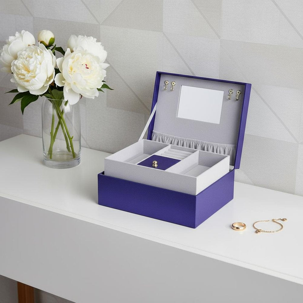 10" Azure Faux Leather Six Section Mirrored Jewelry Box HomeRoots