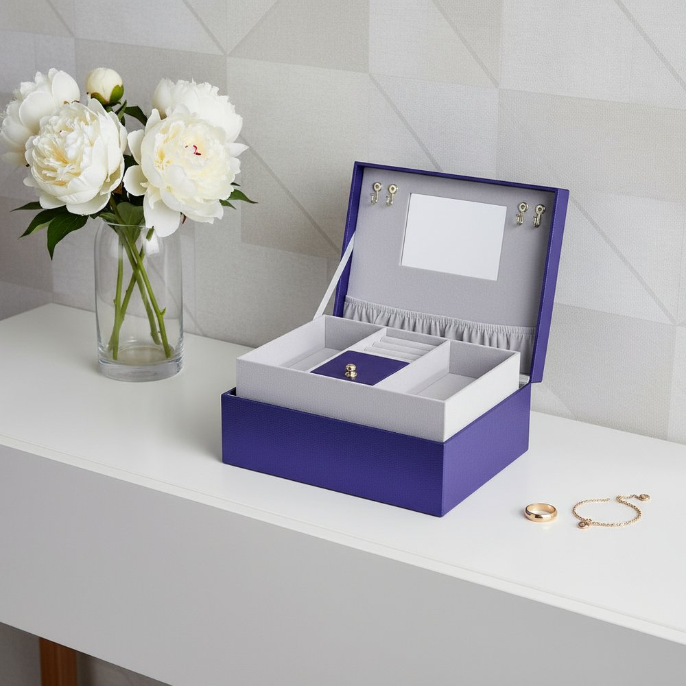 10" Azure Faux Leather Six Section Mirrored Jewelry Box HomeRoots