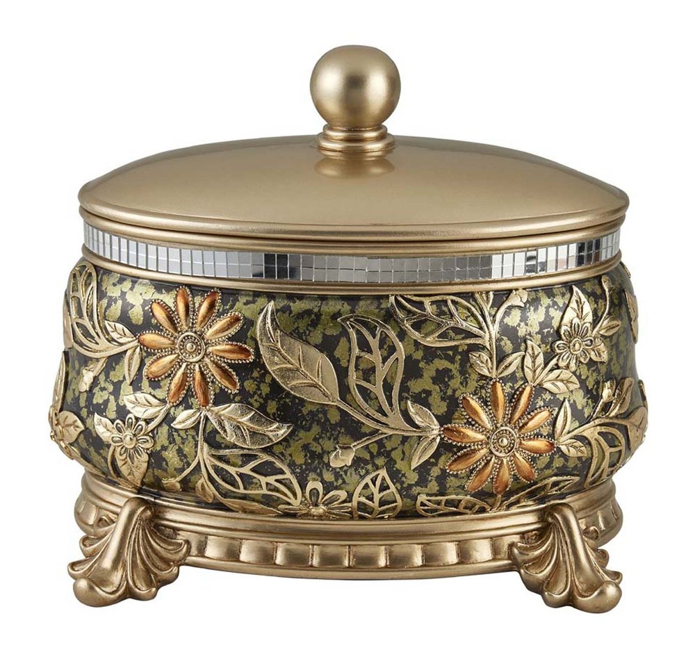 10" Gold Green And Silver Resin Floral Scroll Jewelry Box With Metal Accents HomeRoots