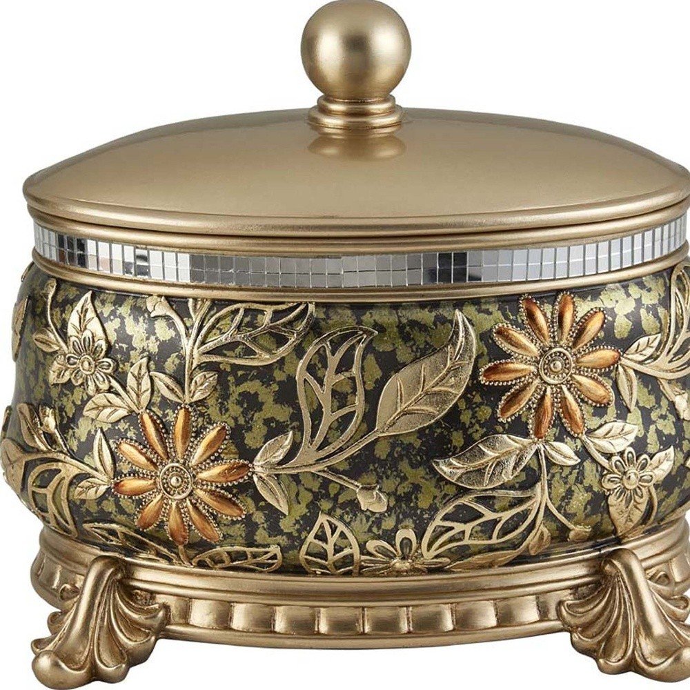 10" Gold Green And Silver Resin Floral Scroll Jewelry Box With Metal Accents HomeRoots